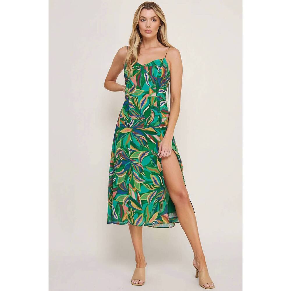 NEW ALLIE ROSE hailey tropical slit hem midi dress in emerald chiffon - Picture 1 of 3